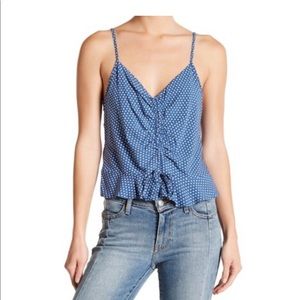 Polka dot top with draw string bow & fluted bottom